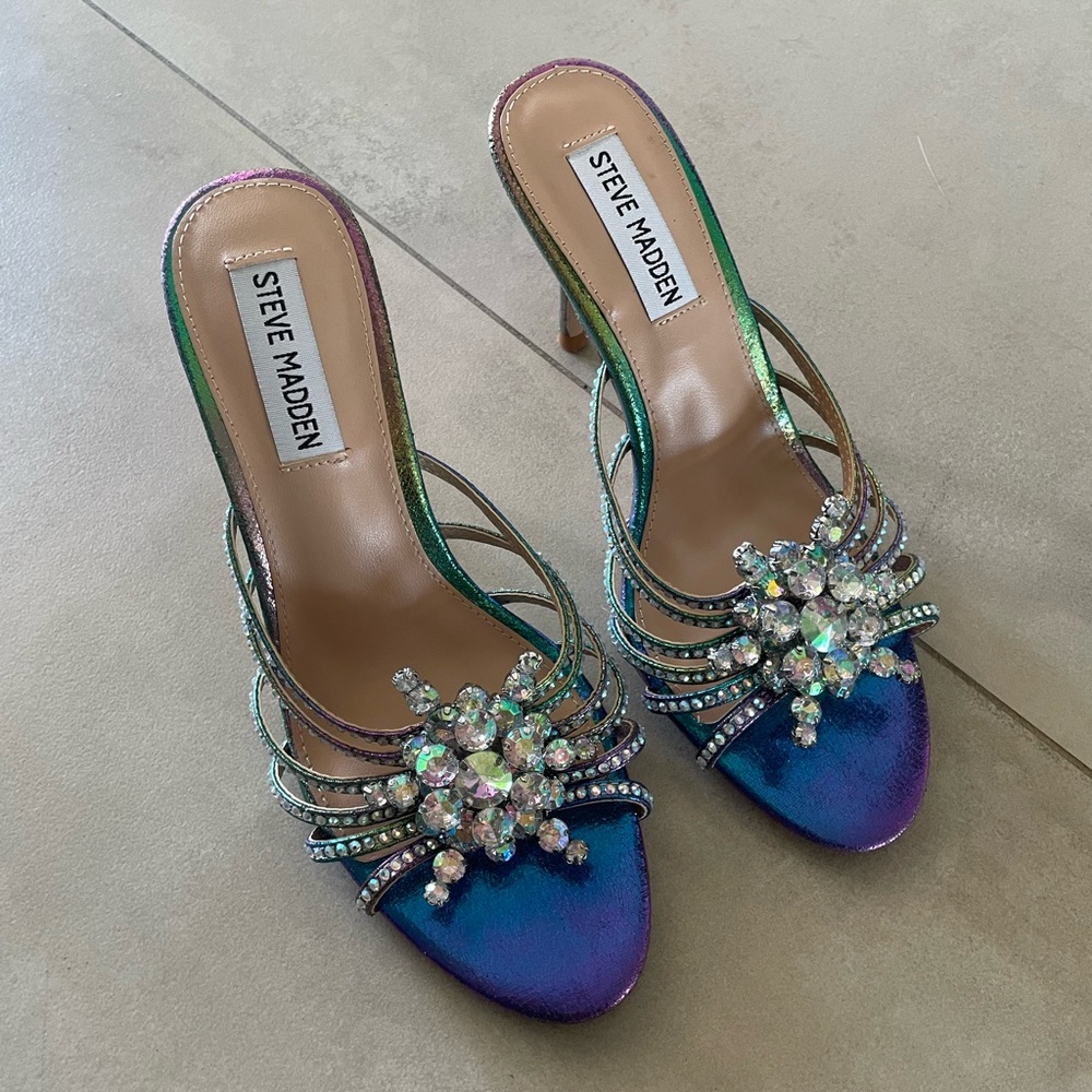 Steve Madden Blue Satin Heels with Crystal Embellishments